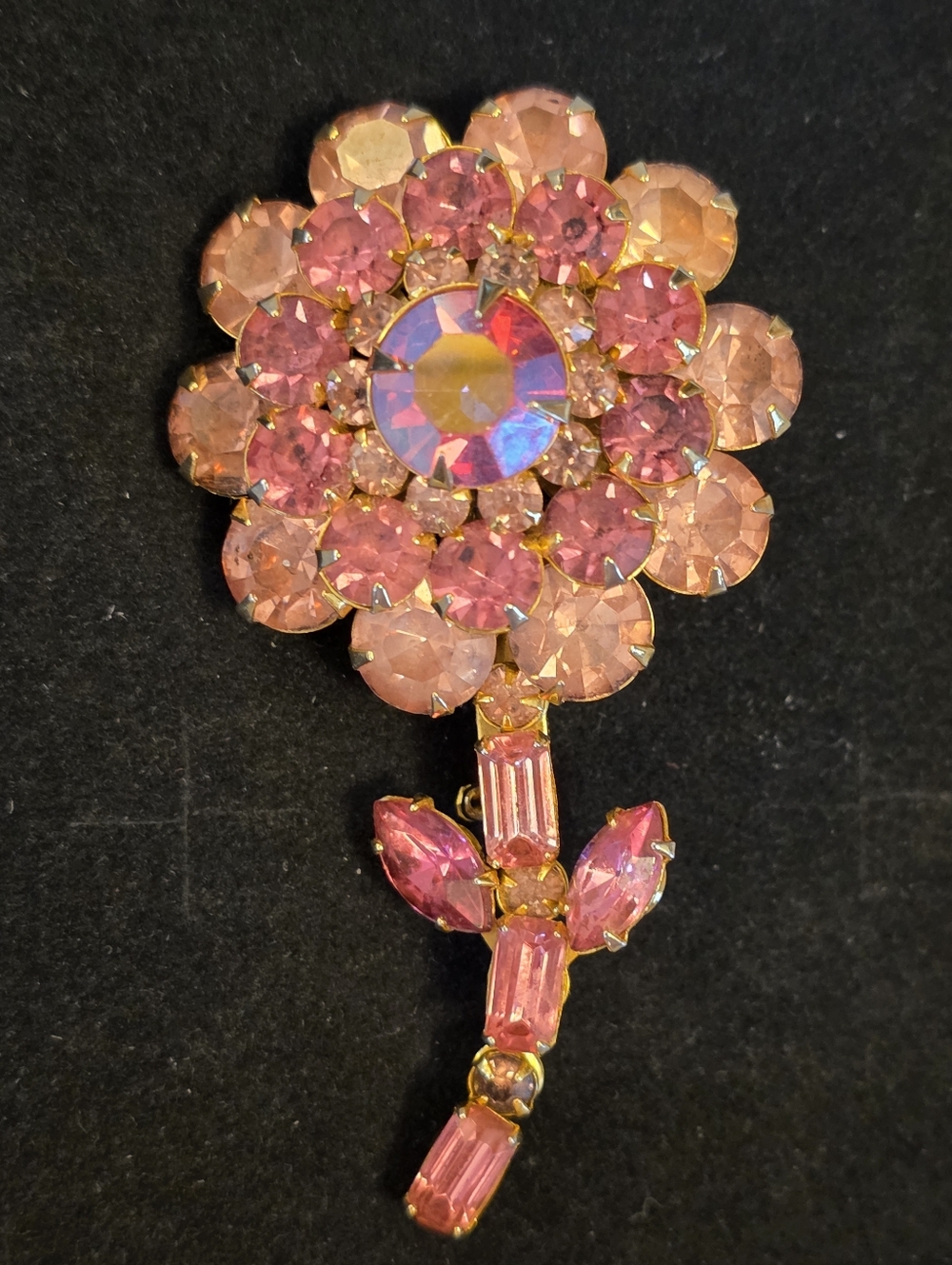 Vintage Signed Judy Lee Domed Shades of Pink Rhinestone Flower Stem Brooch Pin